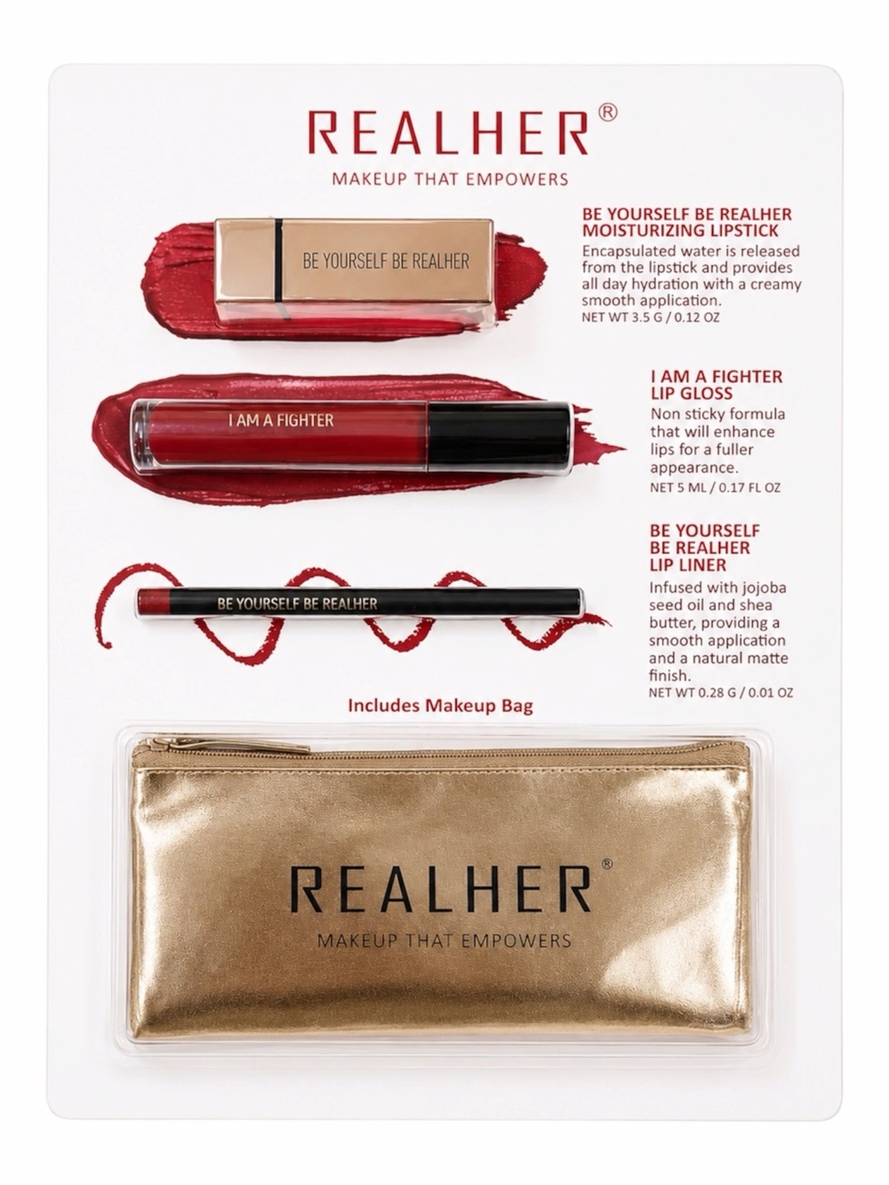 REALHER COSMETICS 3PC SET WITH MAKEUP BAG - BRAND NEW